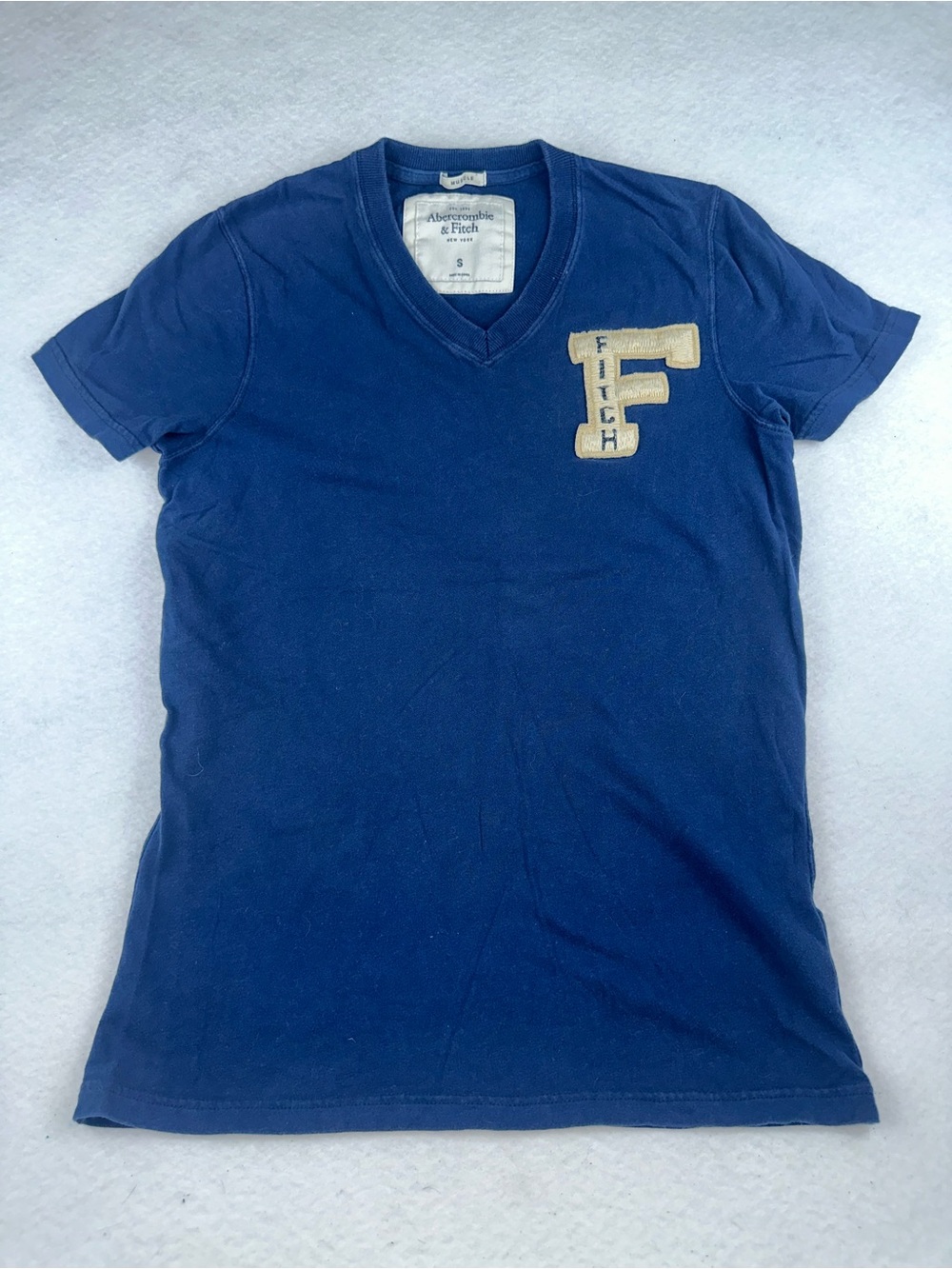 Abercrombie & Fitch Navy V-Neck Tee with Cream 'F' Patch
